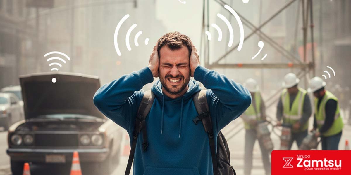 Hombre afectado por ruidos fuertes en la vía pública, ejemplo de exposición laboral que debe controlarse según normas de ruido en Perú.
