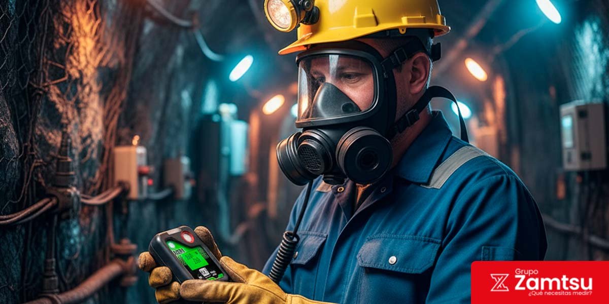 Trabajador en mina utilizando detector de gases siguiendo protocolos OSHA y NIOSH para seguridad industrial