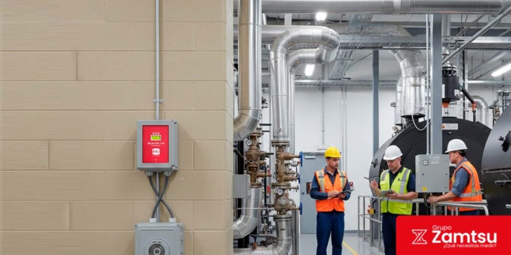 Guía de uso para detectores de monóxido de carbono 1 Sistema de detectores de monóxido de carbono instalado en una planta industrial mientras técnicos supervisan la operación.