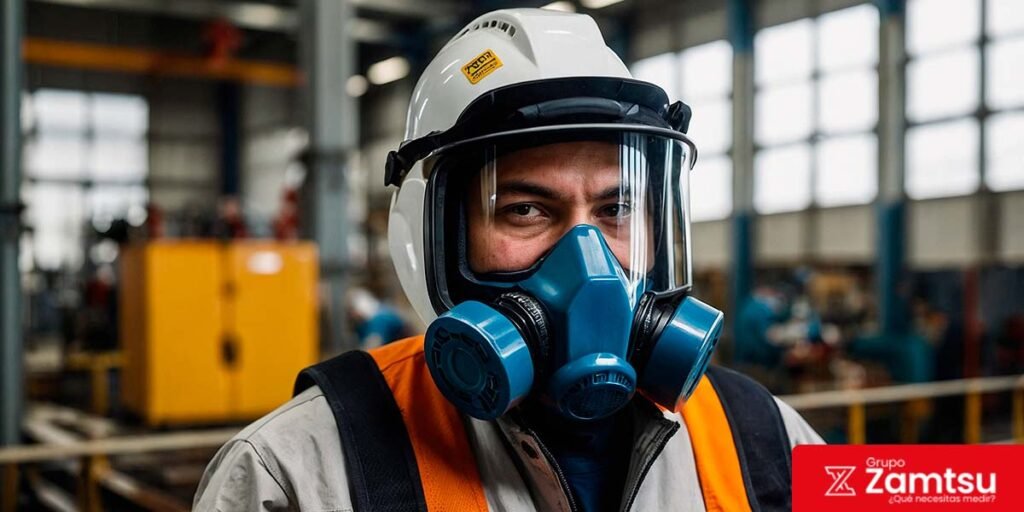 Operario con máscara respiratoria especializada para protección frente a gases tóxicos en planta industrial.